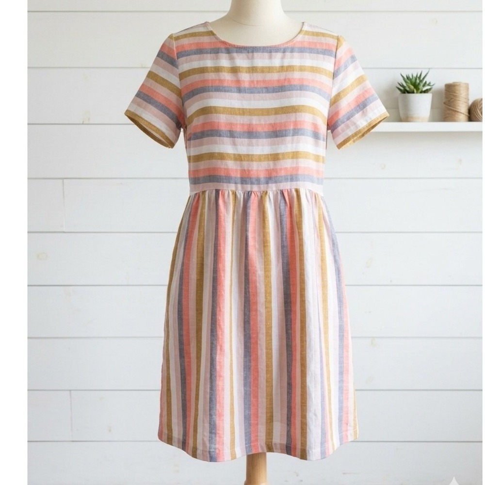 Goodthreads Dress Multicolor Striped Linen Blend Short Sleeve Casual Summer M